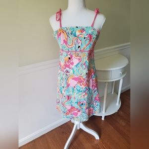 Girls Lilly Pulitzer Flamingo Print Tie Strap Smocked Back Dress SZ 16 (XL) EUC
